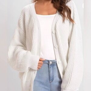 Qualfort Cardigan Sweater Womens Large White 100% Cotton Chunky Waffle Knit